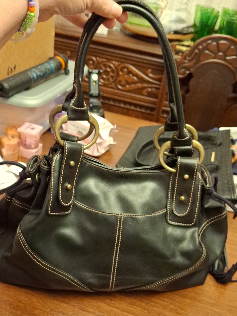 Emilie M Black Pleather Shoulder Bag Satchel Preloved